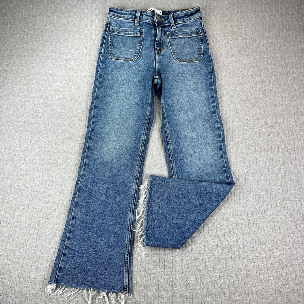 Zara Bootcut Jeans Women 2/24X26 Blue Raw Hem High Rise medium light wash Denim‎